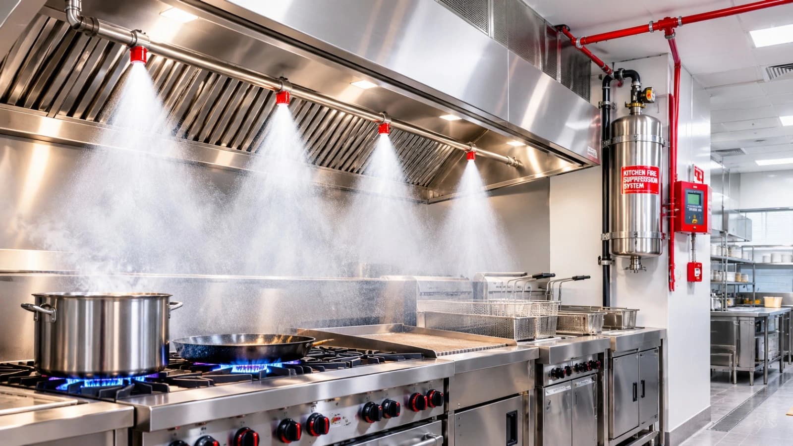 Commercial kitchen hood fire suppression system in a restaurant kitchen